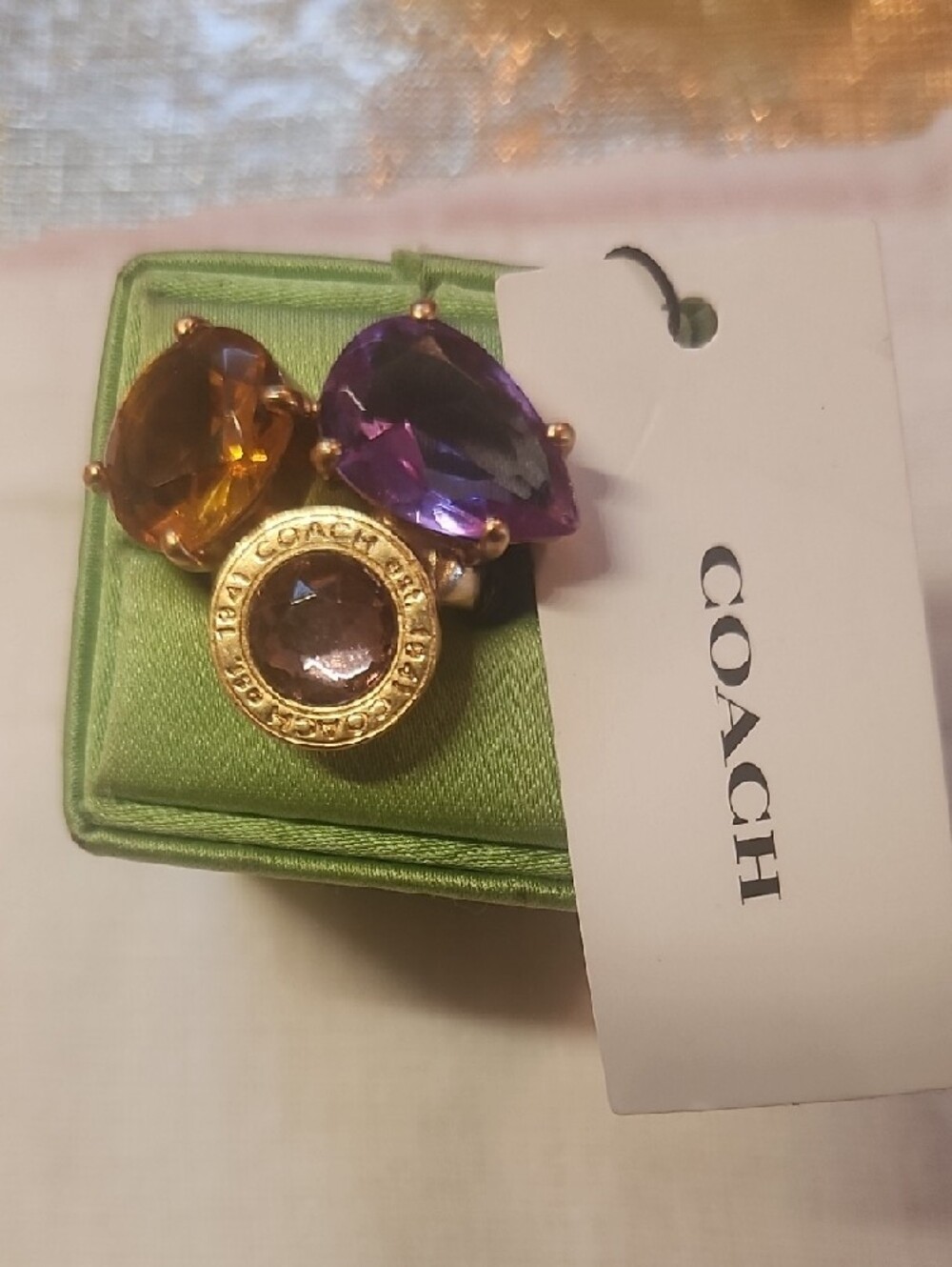 Coach Gold-Tone Ring with Purple and Amber Stones - Picture 9 of 9